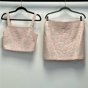 Vintage pastel pink/peach Brocade/2 piece set/crop top and mini skirt